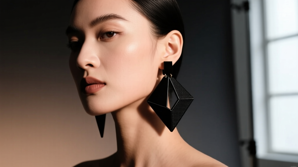 Editorial portrait of a model wearing avant-garde matte black geometric clip-on earrings against a soft, moody studio backdrop