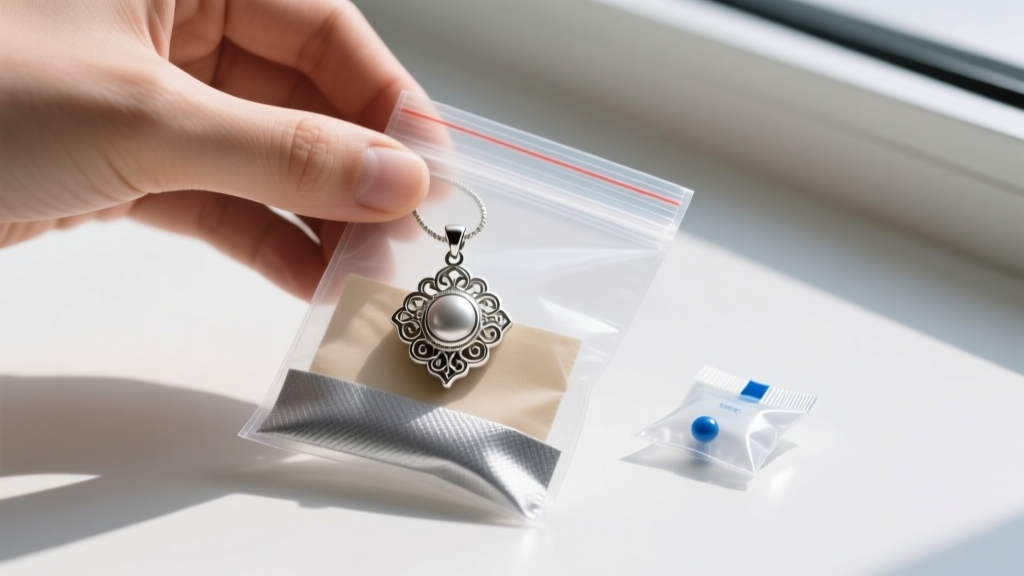 Hands placing a silver-plated pendant into an airtight bag with an anti-tarnish strip and a small silica gel desiccant packet
