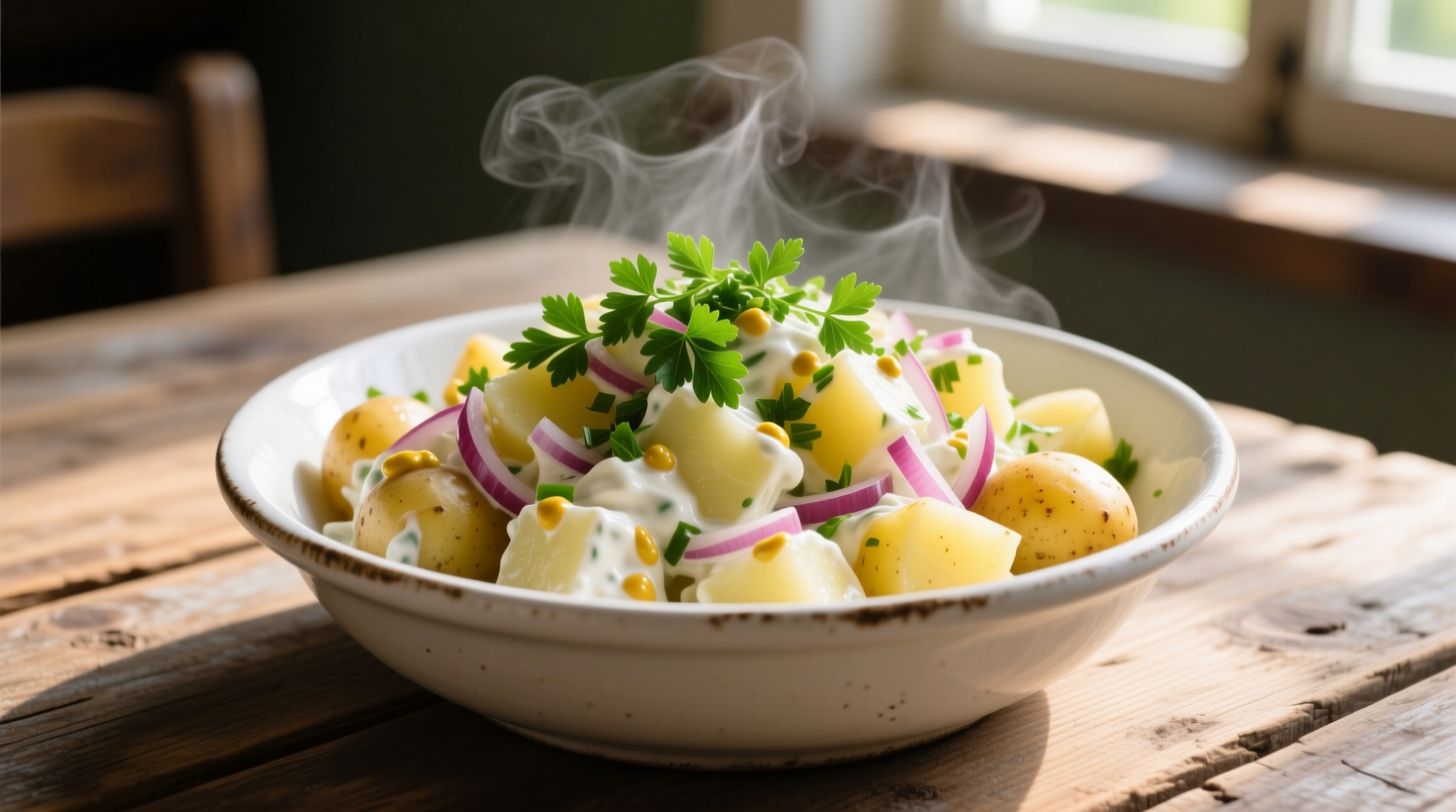 Warm German potato salad in white bowl with parsley garnish
