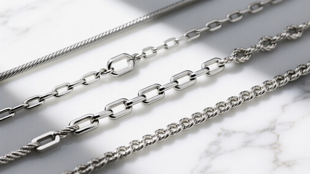 Overhead view of five silver necklace chains including cable, figaro, box, rope, and herringbone styles arranged on white marble.