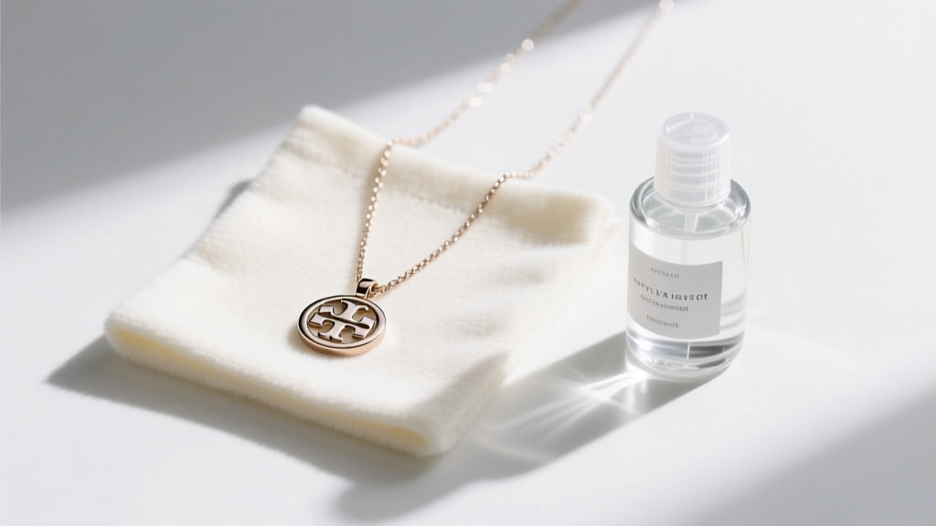 Flat lay of a Tory Burch pendant necklace on a microfiber polishing cloth beside a small glass bottle of gentle jewelry cleaner