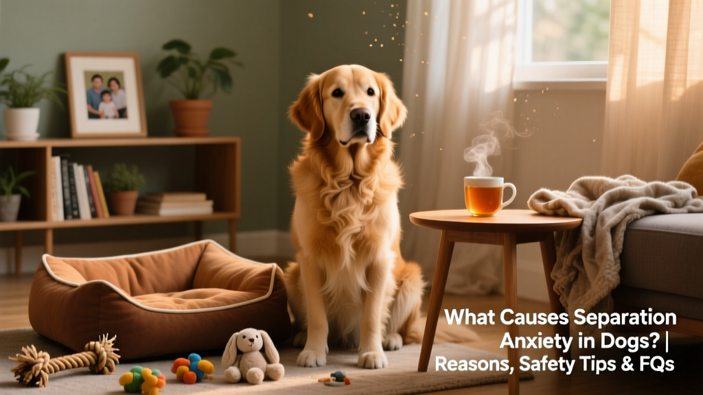 A calm, confident dog sitting beside a cozy home setup with toys and a soft bed