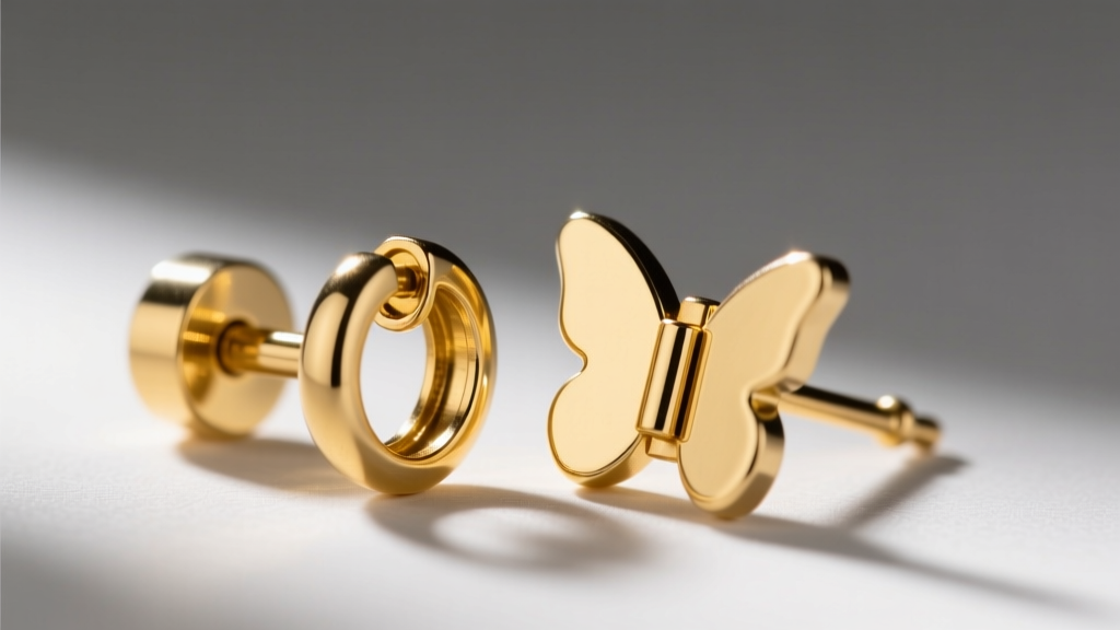 Close-up of a La Pousette locking earring back beside a standard butterfly back on an 18-gauge yellow gold earring post