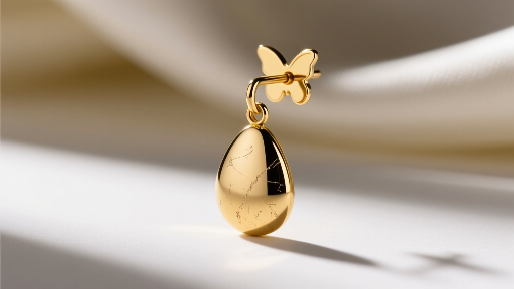 Close-up of a luxury drop earring friction post and butterfly backing, showing micro-scratches on gold plating from daily wear