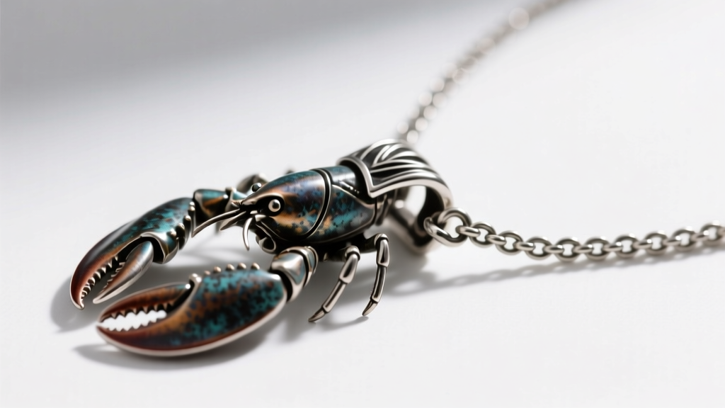 Macro shot of an Arwen necklace clasp and 1.2mm rolo chain, showing oxidized silver detailing and a secure lobster claw clasp