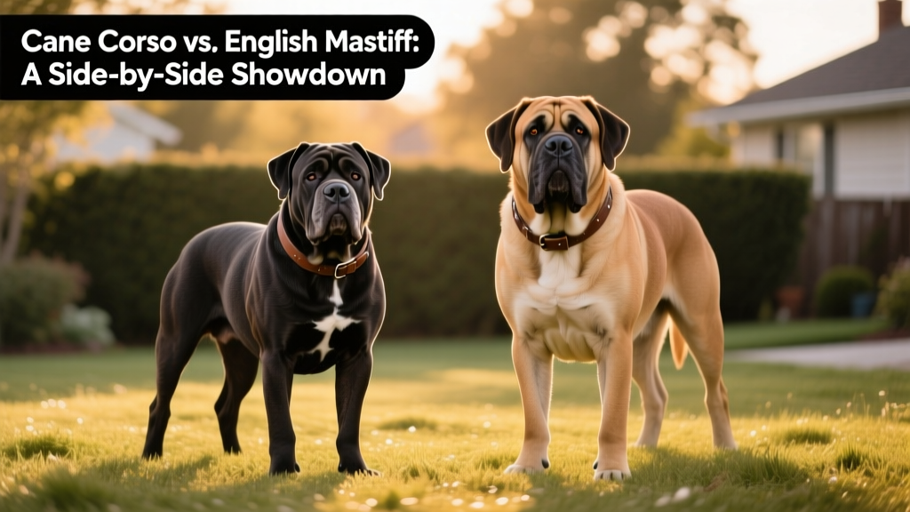 Side-by-side comparison of a Cane Corso and an English Mastiff standing calmly on grass
