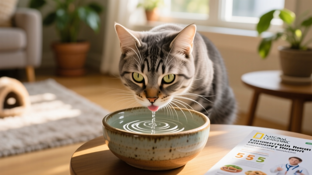 Close-up of a cat drinking water from a ceramic bowl, illustrating urinary health support
