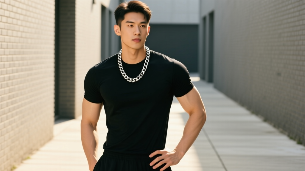 Athletic man wearing a 5mm 316L stainless steel rope chain over a black t-shirt in natural sunlight, showcasing streetwear style