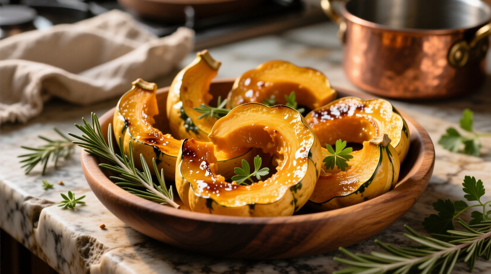 Golden roasted delicata squash slices with herbs