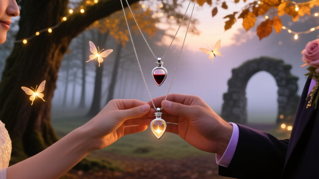 Hands exchanging silver blood vial necklaces during a twilight forest wedding ceremony, illuminated by warm glowing fairy light.