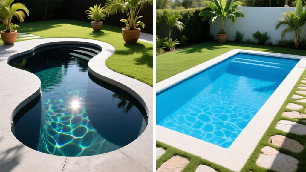 Split-screen backyard showing a custom freeform gunite concrete pool with dark interior next to a rectangular vinyl liner pool