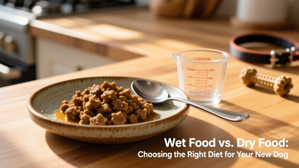 Fresh wet food served in a shallow ceramic dish beside a spoon and measuring cup