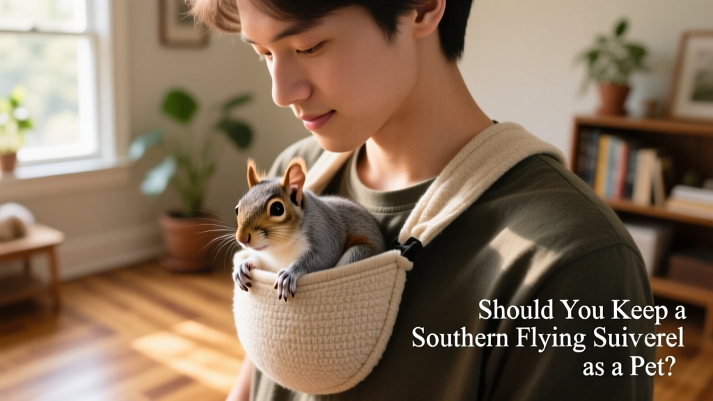 Southern flying squirrel nestled comfortably inside a soft fabric bonding pouch worn by its owner