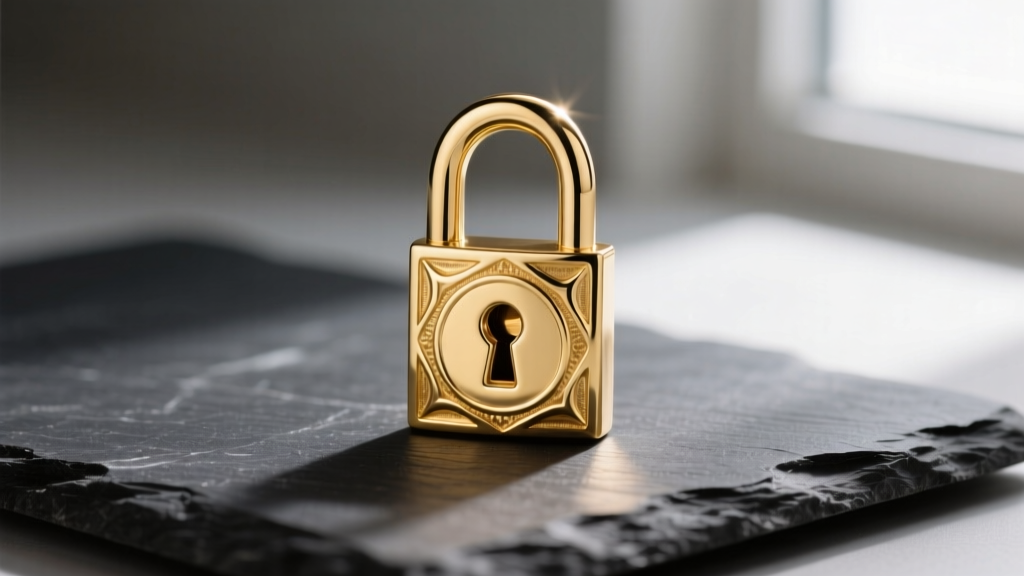 Polished 14k yellow gold padlock pendant on dark slate, reflecting soft studio light to highlight the engraved keyhole detail.