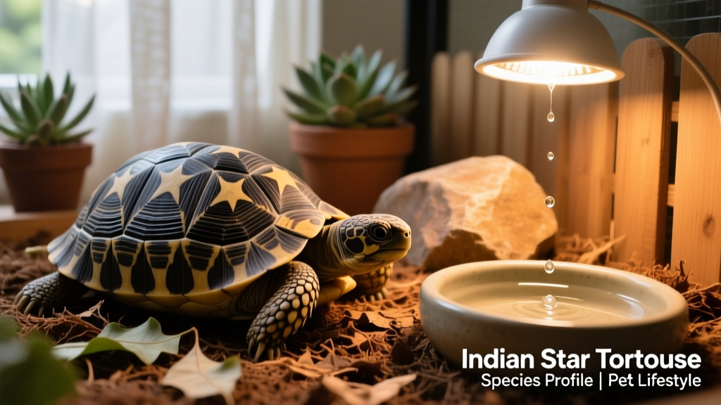 Indoor enclosure setup for an Indian star tortoise with substrate, basking area, and shallow water dish