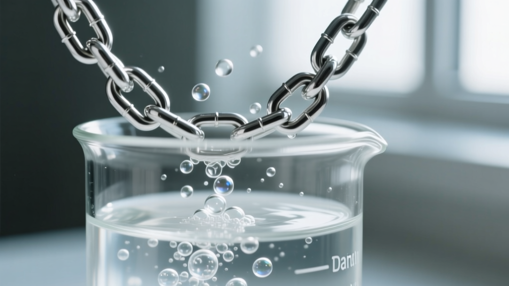 Close-up of a silver chain being submerged in a glass beaker of clear liquid tarnish remover, with visible bubbles forming on the metal