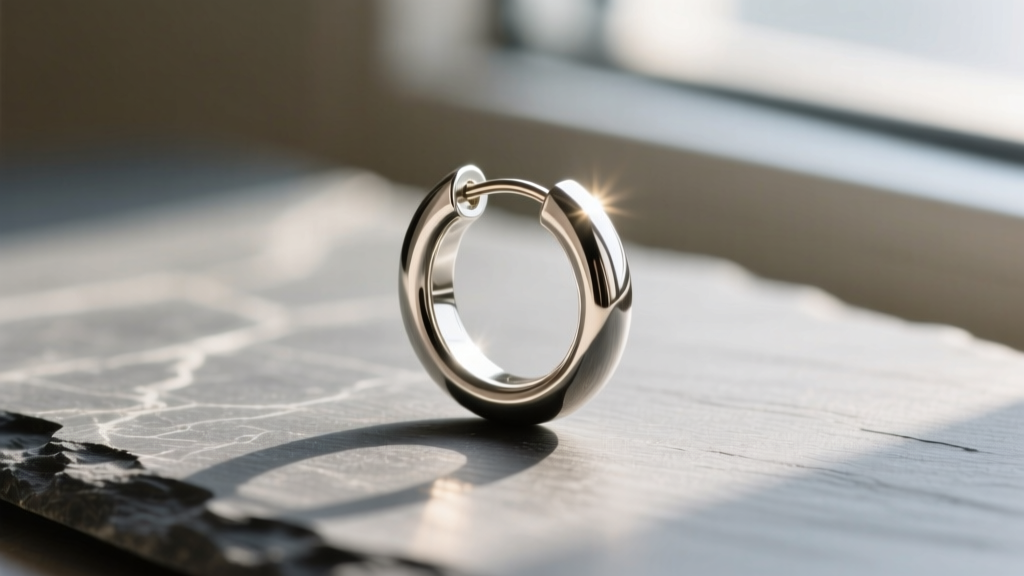 Macro shot of a 14-gauge titanium seamless loop earring on slate, highlighting the mirror finish and precise beveled wire edges.