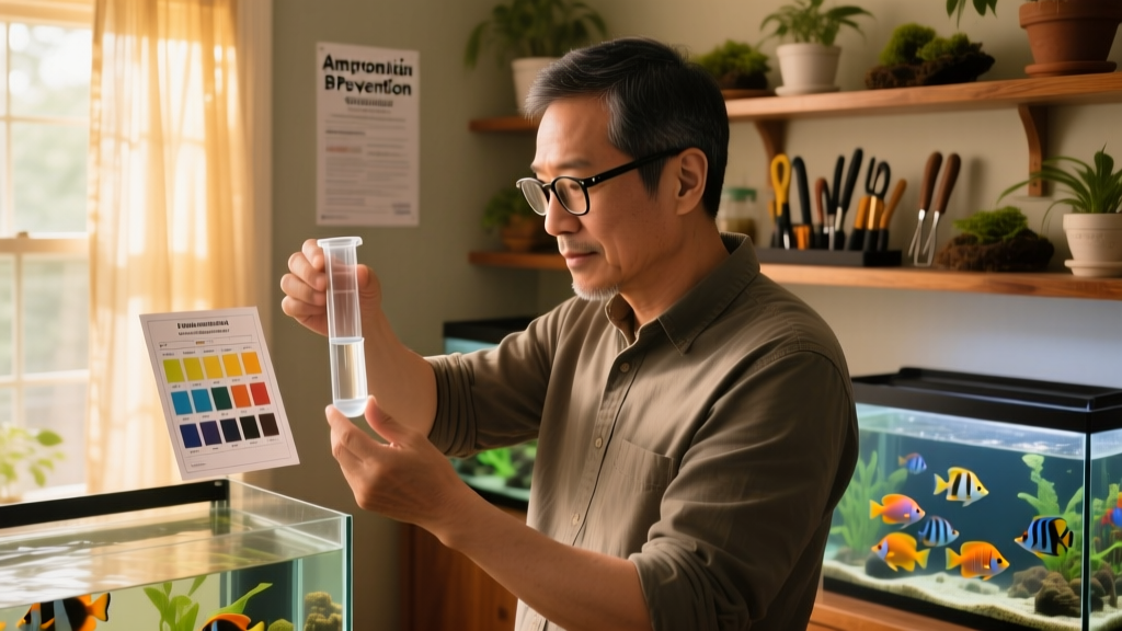 Aquarium owner testing water with a liquid ammonia test kit, holding a vial next to a color chart