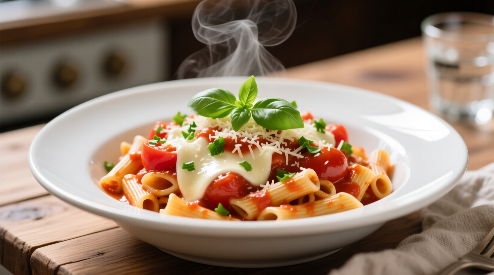 Fresh tomato cheese pasta in white bowl with basil garnish