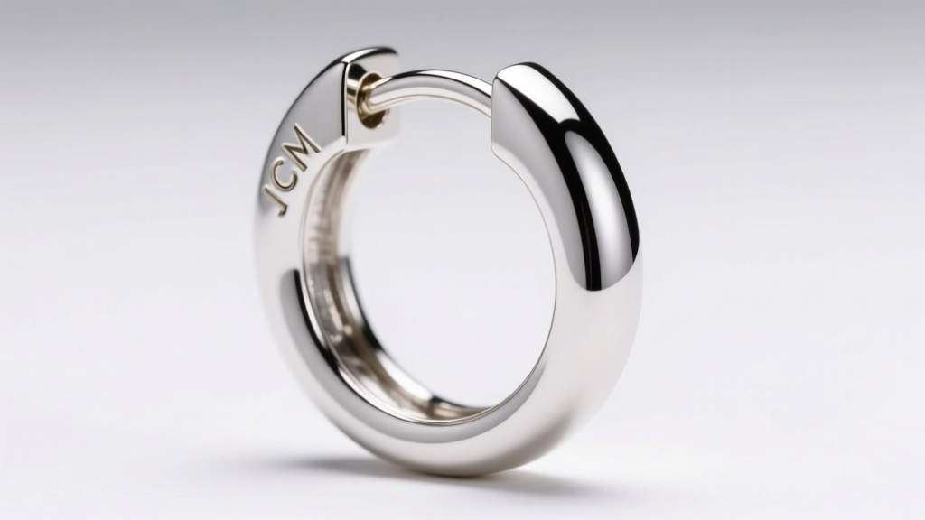 Close-up of a 14k white gold JCM hinged hoop earring catch, showing the rhodium plating thickness under studio lighting.