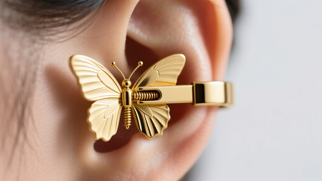 Macro shot of a stuck 18k gold butterfly friction back on an earlobe, showing metal tension and slight skin indentation clearly.
