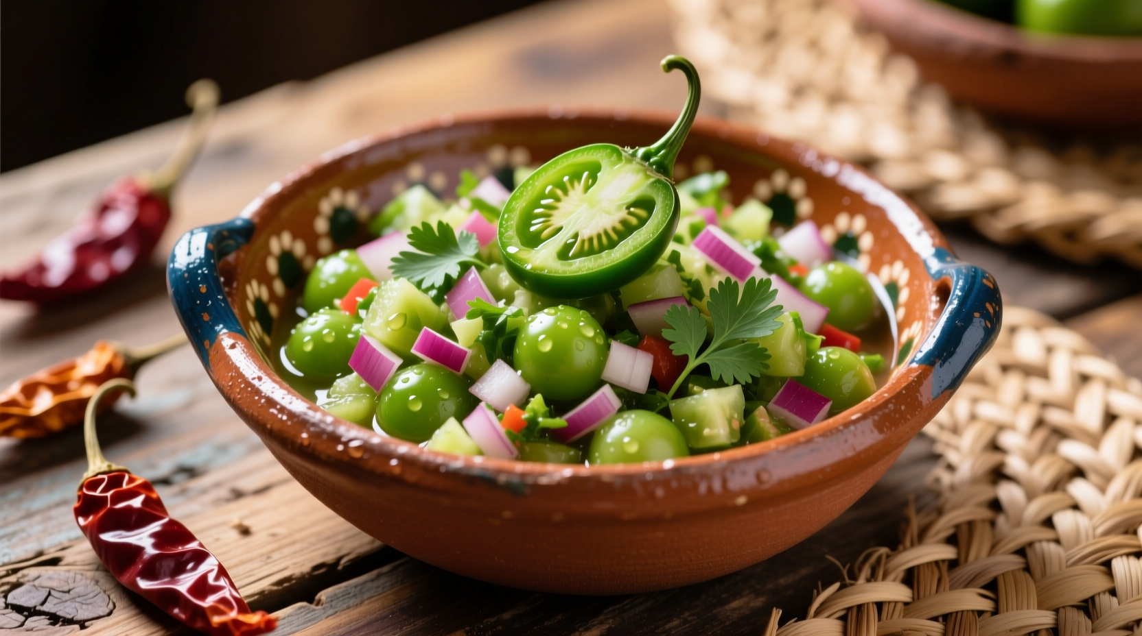Fresh green tomato salsa in traditional clay bowl