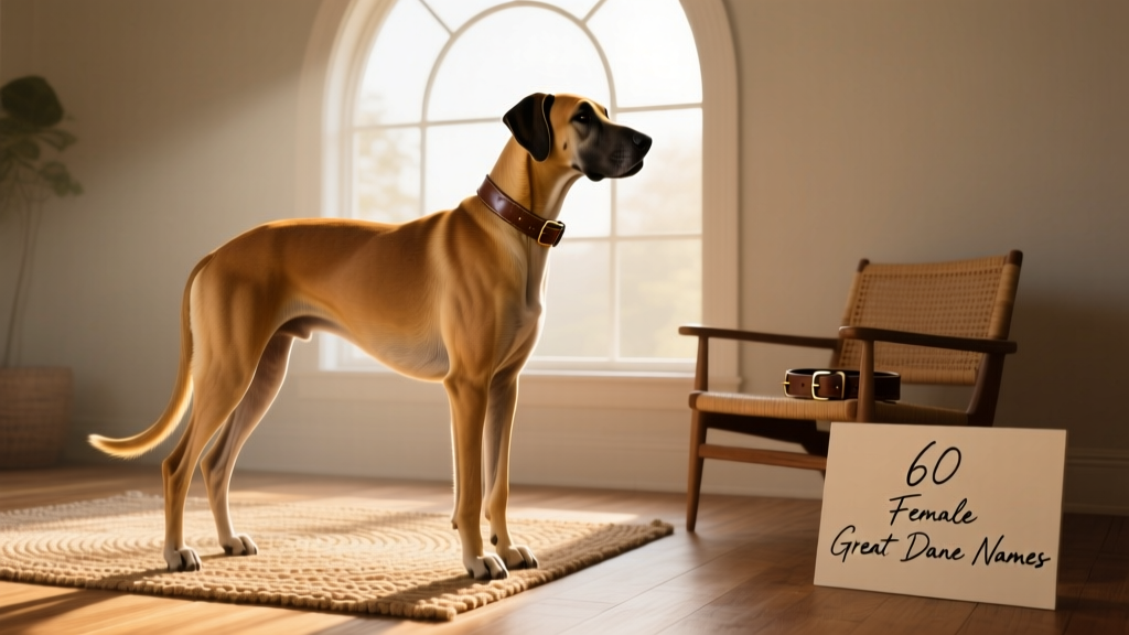 A calm, elegant female Great Dane standing gracefully in soft natural light