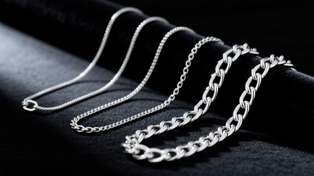 Three silver chains: a delicate 22-gauge cable, a medium 18-gauge rolo, and a thick 14-gauge curb chain resting on dark velvet