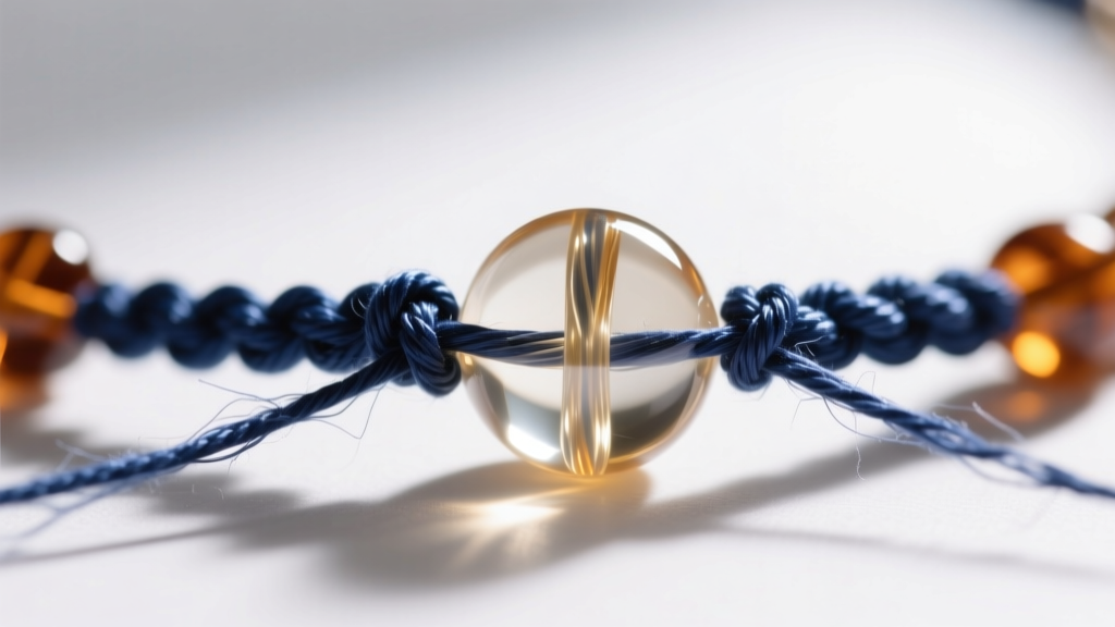 Close-up of nylon thread through a 6mm glass bead, showing the micro-knotting technique used in traditional Yoruba necklace craft.