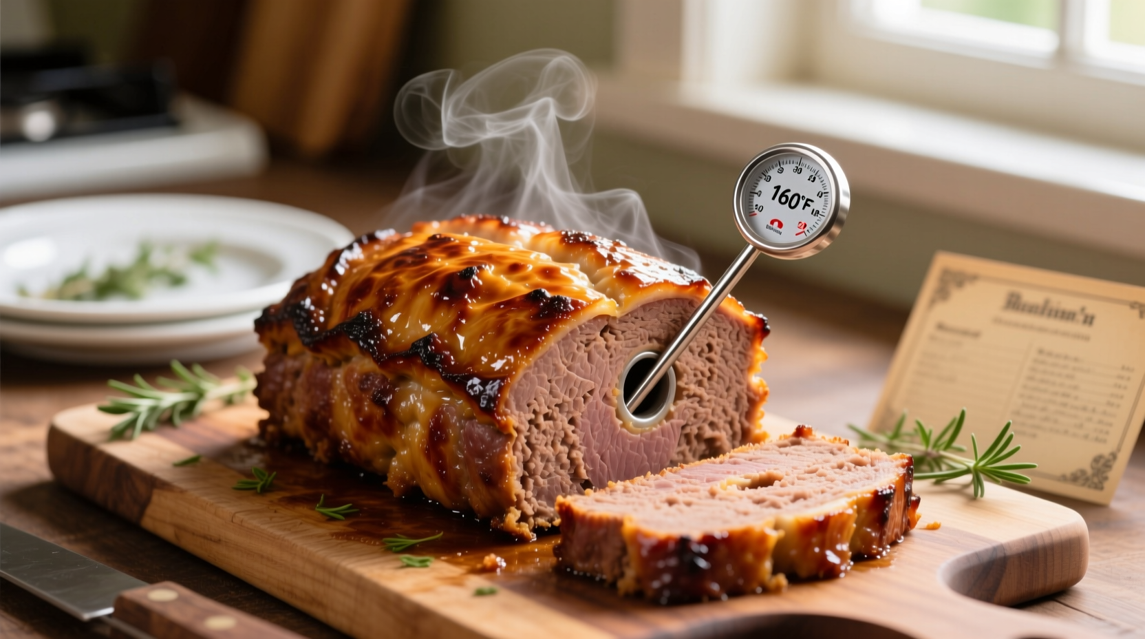 Perfekt gegarter Hackbraten mit Thermometeranzeige von 160°F