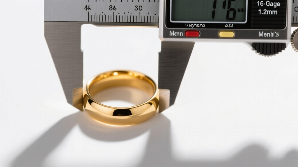 Top-down view of a digital caliper measuring the exact 1.2mm thickness of a 16-gauge solid 14k yellow gold men