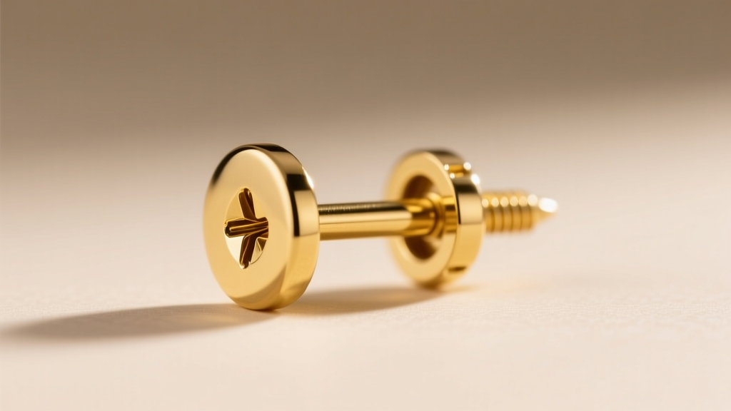 Side profile of a 20-gauge 24k gold earring post with a screw-back on a jeweler's loupe, showing precise threading details