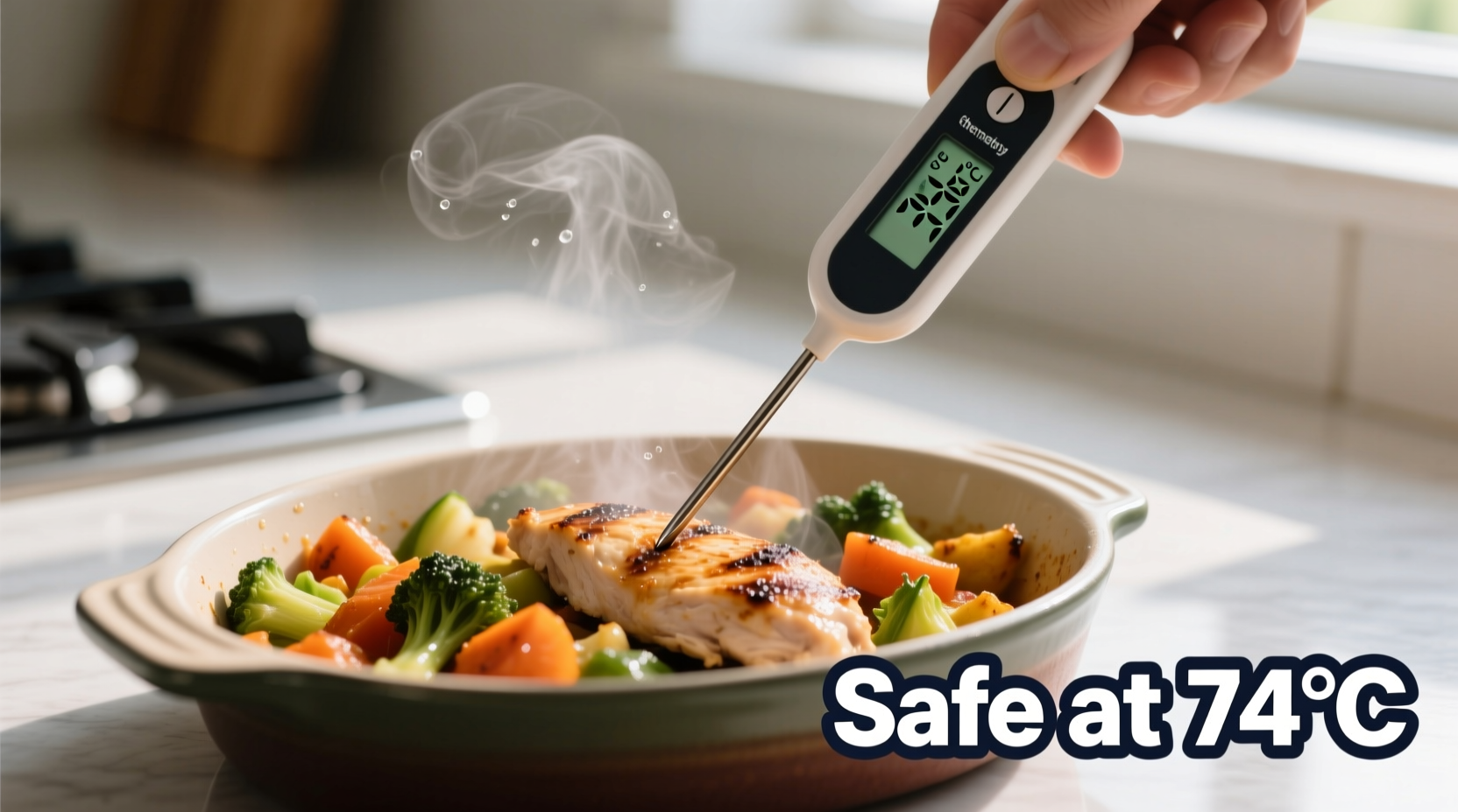 Food safety thermometer checking reheated leftovers