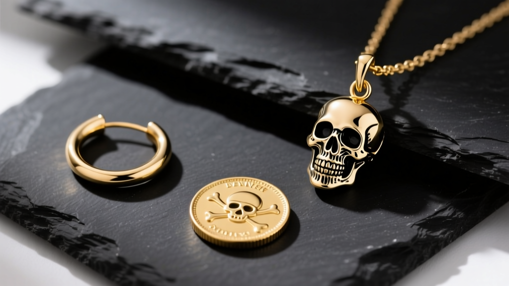Top-down view of three pirate earrings including a plain gold hoop, a vermeil skull dangle, and a solid gold coin on black slate
