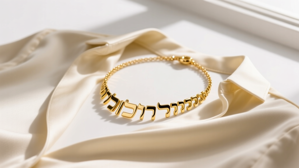 Minimalist 14k yellow gold chai hebrew necklace on cream silk blouse, soft window light highlighting the polished metal edges.