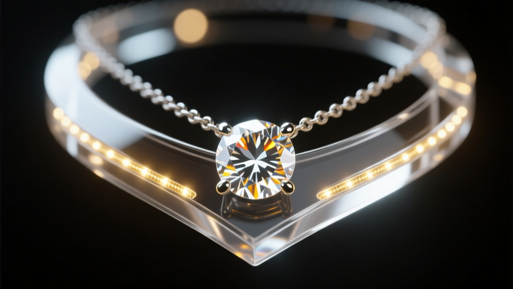 Macro shot of LED-integrated clear acrylic necklace bust illuminating a 2-carat diamond pendant with 95 CRI micro-strip lighting