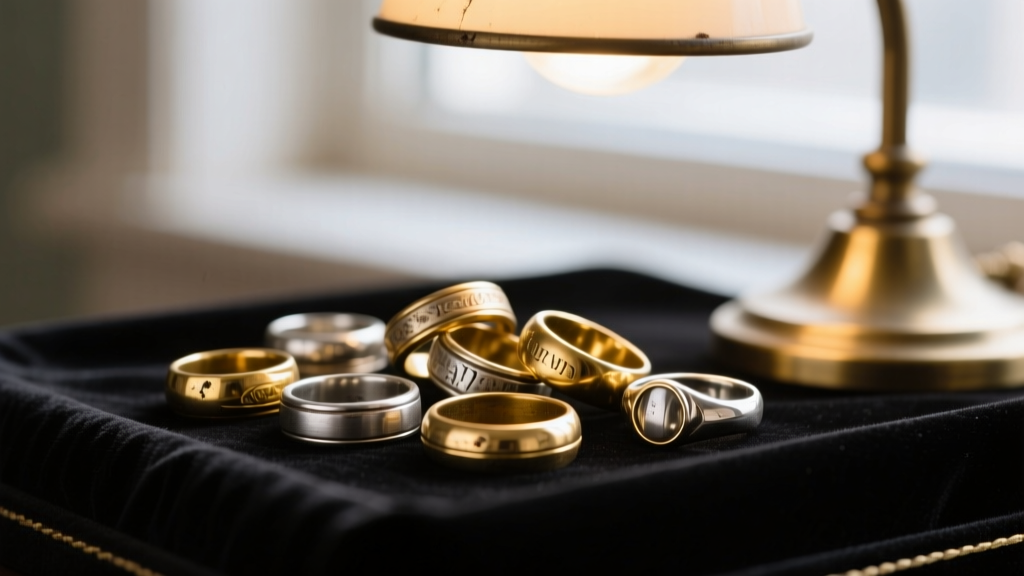 Thrifted gold and silver rings on dark velvet under a warm jeweler lamp, ready for a budget authenticity and melt value assessment.