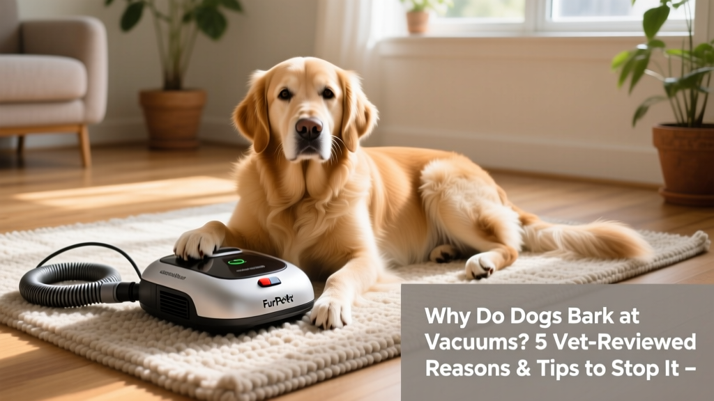 Happy dog relaxing on a rug next to a FurPetVo vacuum with its cord neatly coiled and power switch turned off