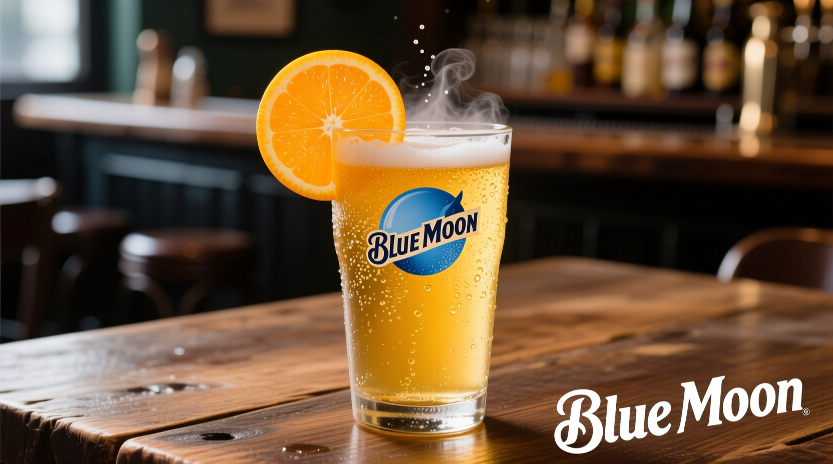 Blue Moon beer in a glass with orange slice garnish