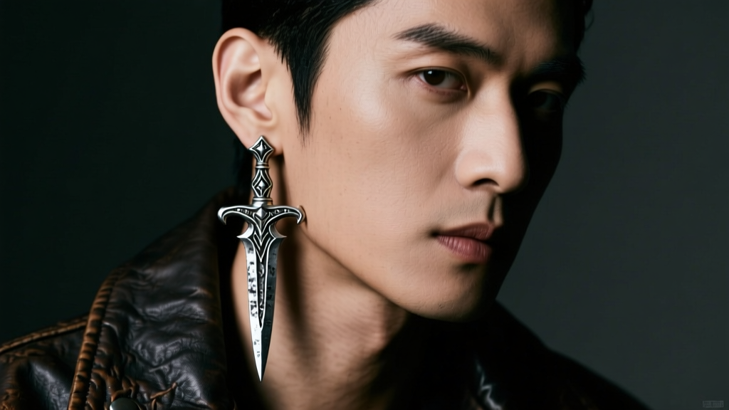 Close-up of a man wearing an oxidized silver gothic dagger earring, moody studio lighting against a dark leather jacket background
