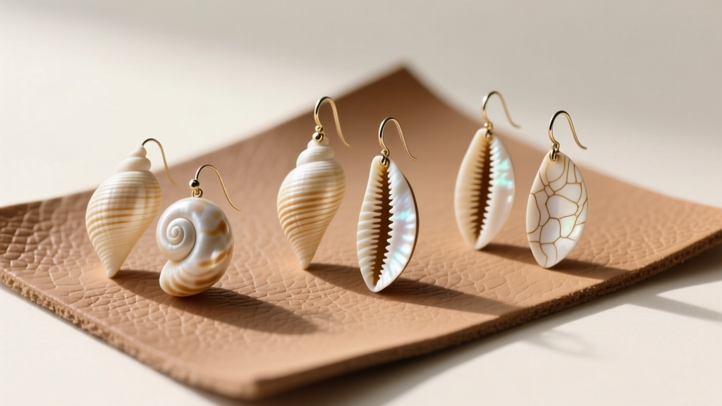 Three pairs of dentalium shell earrings on a leather mat, showing variations in length, taper, and natural cream striations