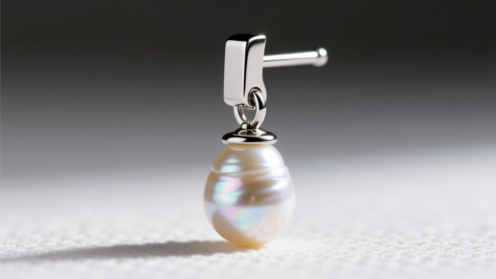 Close-up of an 18-gauge titanium earring post with a specialized La Pousette locking clutch securing a heavy graduated pearl drop