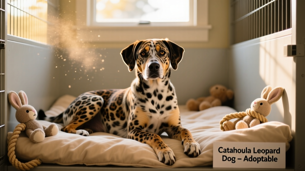 A calm Catahoula Leopard Dog resting comfortably in a shelter kennel with soft bedding and toys