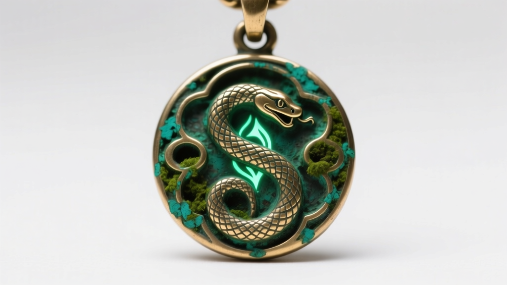 Macro shot of a brass horcrux pendant showing green patina on the snake edges, lit by a bright, neutral studio light.