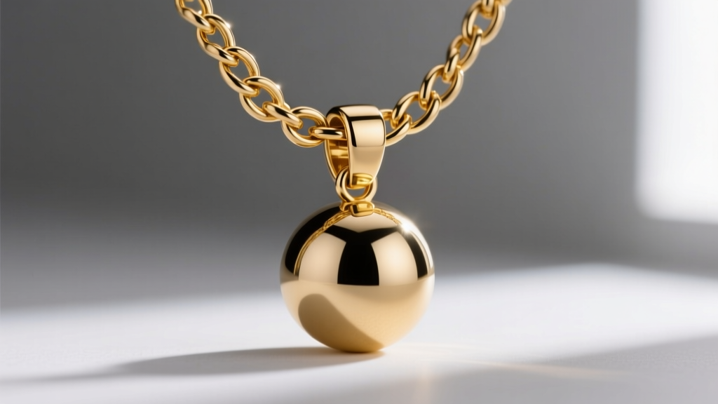 Detailed view of a heavy-duty 15mm gold lobster clasp on a 3.5mm Figaro chain, securely supporting a large spherical orb pendant.