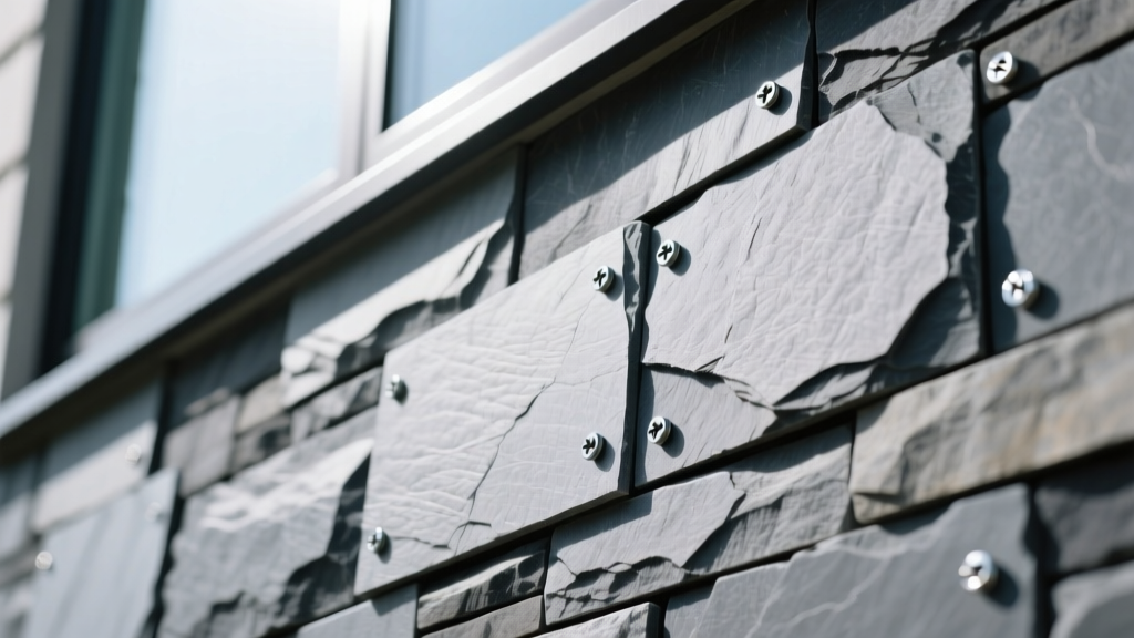 Close-up of interlocking mortarless stone veneer panels in gray slate tones being secured to exterior wall sheathing with galvanized screws