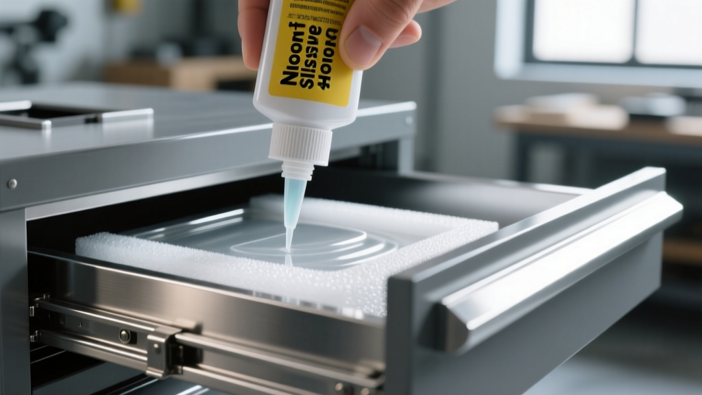 Close-up of applying anti-tarnish polyethylene foam to a steel tool box drawer bottom using a non-off-gassing silicone glue.