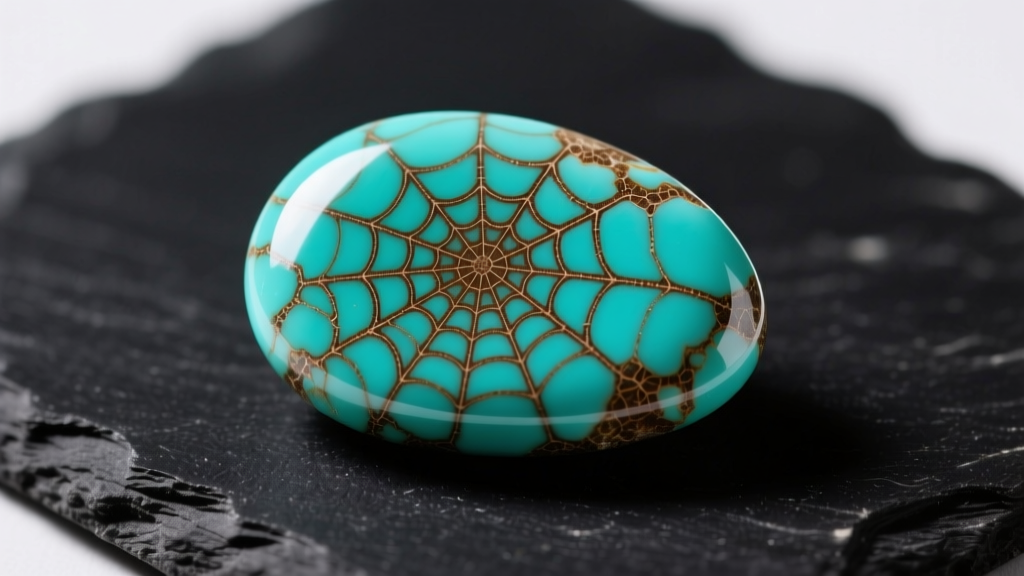 Macro photography of a raw Kingman turquoise cabochon showing intricate brown spiderweb matrix against a dark slate background
