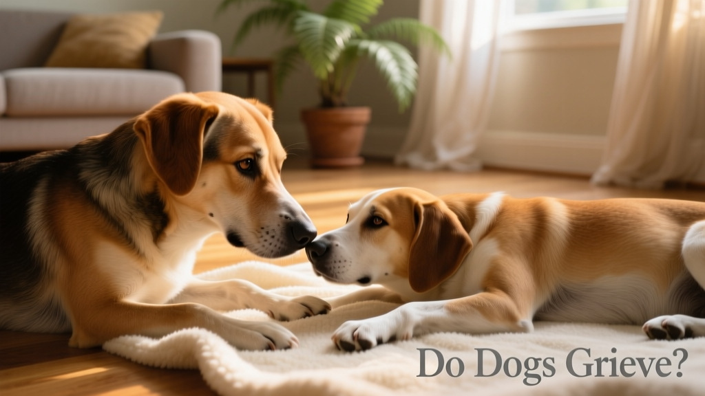 A gentle, calm dog quietly sniffing near a still, peaceful dog lying on a soft blanket