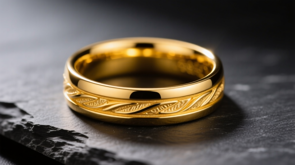 Close-up of a 24 karat gold jewelry ring showing its rich yellow hue and soft polish under warm studio lighting on dark slate